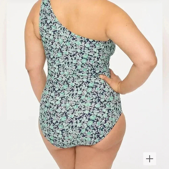 J Crew Bathing suit Green Navy Blue Floral One Shoulder Ruched NWT Size 3x - Picture 2 of 6